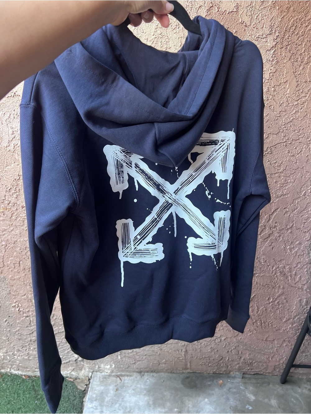 Off-White Navy  Hoodie with White Back Graphic